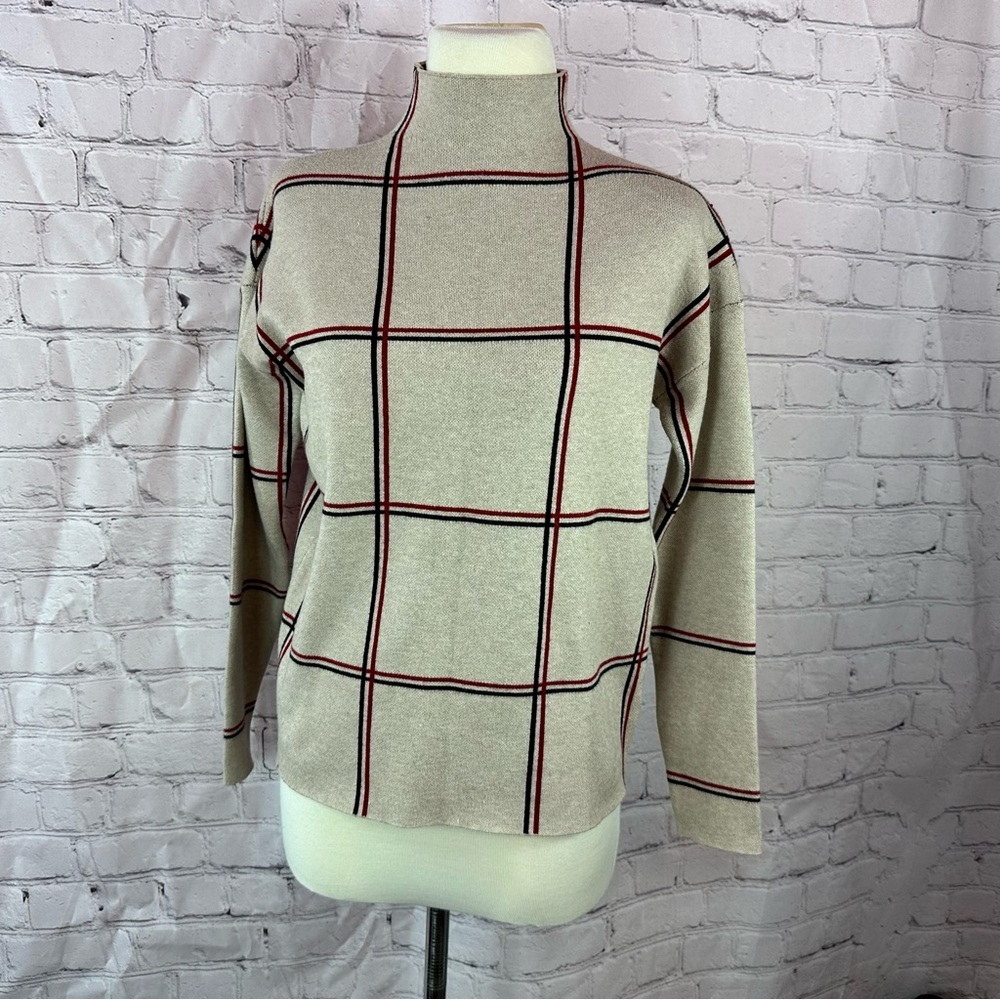 Tahari Beige Red Plaid mock neck Sweater womens S business casual office classic